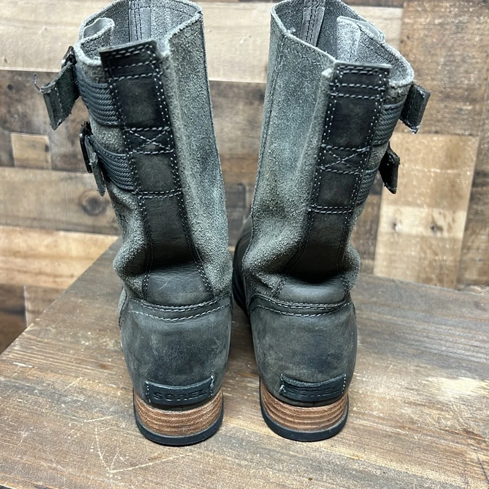 Sorel Women Boots Major Moto Buckle Pull On‎ NL2166 028 Leather Gray Sz 6.5